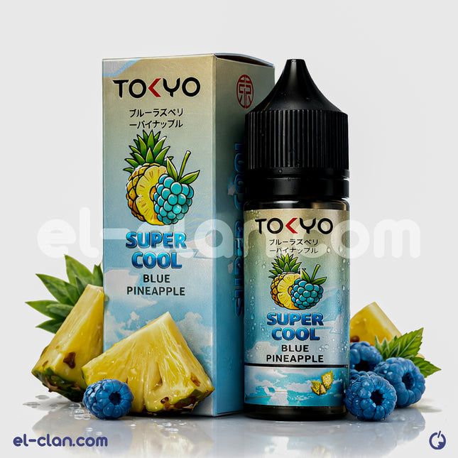 Tokyo SaltNic Super Cool Blue Pineapple vape juice in a clear bottle with blue label, featuring blue pineapple and tropical fruit imagery.