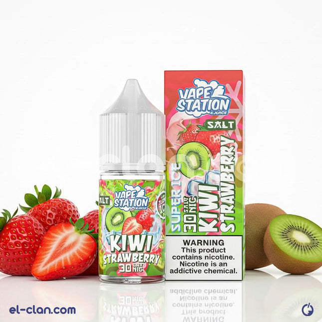 سائل فيب ليكويد كيوي فراولة ساقعة من ماركة Vape Station E-Juice، زجاجة 43 مل مع طعم منعش وبارد.