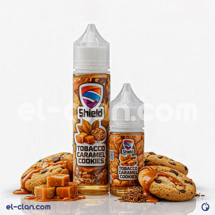 سجائر إلكترونية من Shield e-juice بنكهات توباكو كوكيز كراميل فيب وليكويد محلي مع عبوة مميزة.