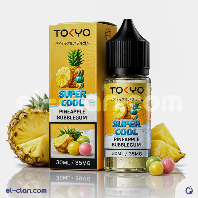 Tokyo SaltNic Super Cool Pineapple Bubble Gum vape liquid in a transparent bottle, featuring pineapple and bubble gum flavor elements.