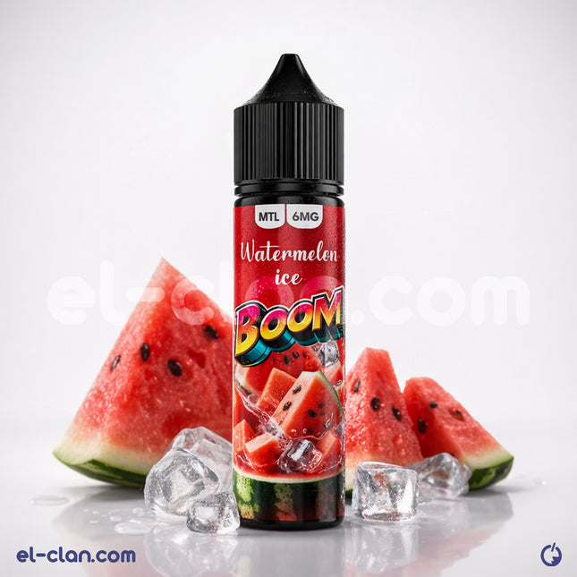 Boom Watermelon Ice فيب ليكويد محلي, showcases a vibrant bottle with watermelon and icy flavor elements.
