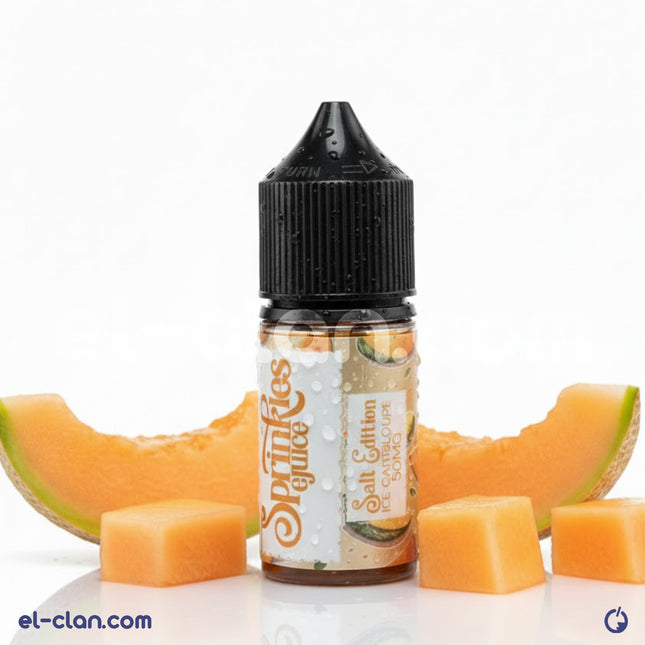 Sprinkles SaltNic Ice Cantaloupe vape juice in a clear bottle, featuring vibrant cantaloupe flavor and cooling menthol accents.