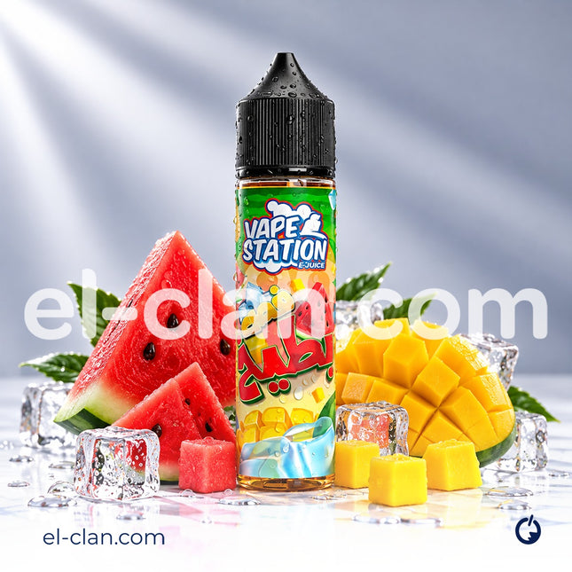 عبوة فيب ستيشن فص بطيخ من ليكويد Vape Station E-Juice مع عبوة واضحة ومعبأة بشكل أنيق على خلفية بيضاء