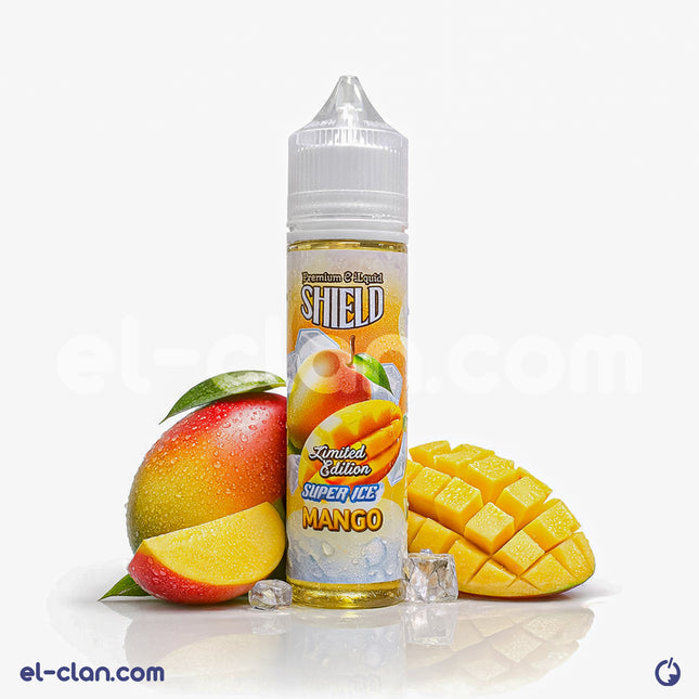 سائل فيب ليكويد مانجو ساقع جدًا من Shield Super Ice Mango يظهر في زجاجة مع عبوة مميزة في الصورة