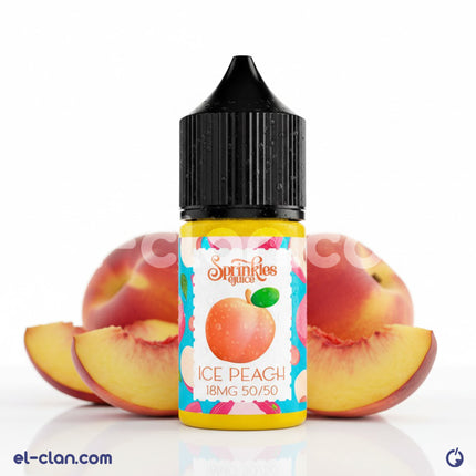 Bottle of Sprinkles Ice Peach vape juice in a clear plastic bottle with colorful label, showcasing peach flavor and branding.