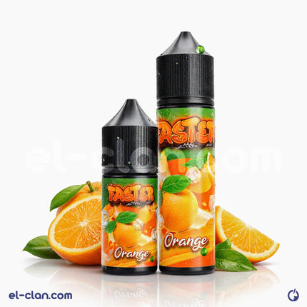 نص بديل: زجاجة فيب ليكويد برتقال ساقع من Faster E-Juice، يظهر فيها عبوة واضحة مع لون البرتقال المميز.