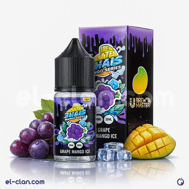 Uwell SaltNic Grape Mango Ice vape liquid in a clear bottle with purple and orange label, showing grape, mango, and icy flavor design.