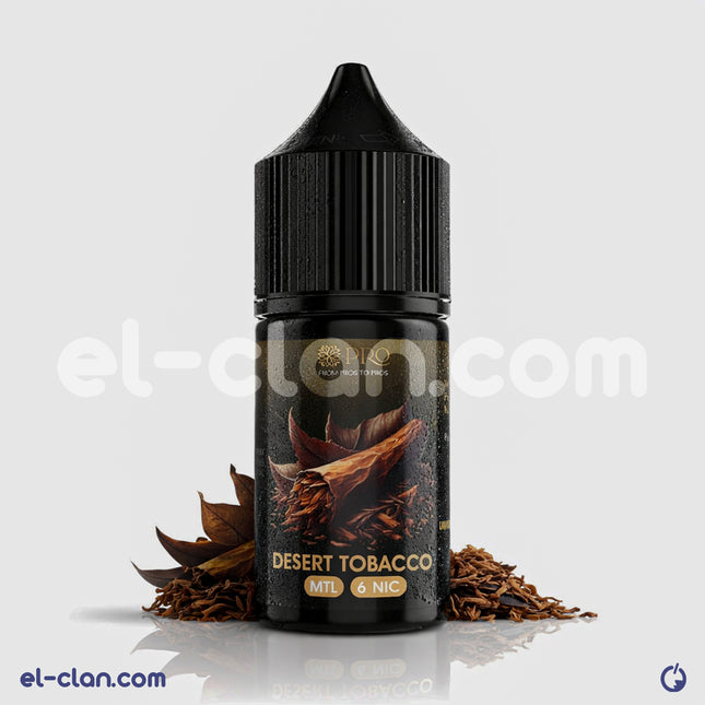 Pro Desert Tobacco فيب ليكويد من برو إي-جويس, يظهر عبوة التبغ مع عبوة فيب وملحقات التدخين المحلية