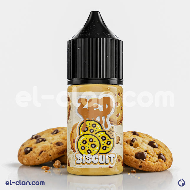 بسكويت ZED E-Liquid فيب ليكويد محلي يُظهر عبوة البسكويت مع شعار ZED على العبوة بتصميم واضح