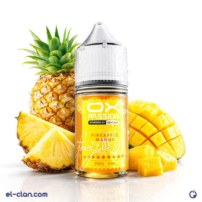 سائل فيب أوكس بشن سالت نيكسنيس سوبر كول باينابيل مانجو أناناس باردة من ماركة OXVA، يظهر في عبوة زجاجية.