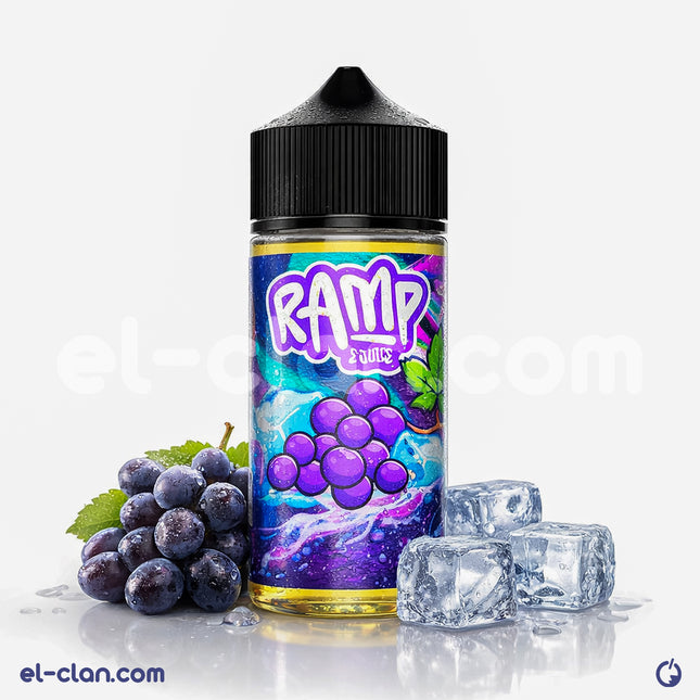 عصير عنب ساقع من Ramp E-Juice فيب ليكويد محلي، زجاجة واضحة مع عصير عنب لونه البنفسجي الداكن.