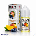 Tokyo SaltNic Iced Blueberry Mango vape liquid in a clear bottle, featuring a blue and fruit-themed label with blueberries and mango.