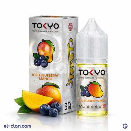 Tokyo SaltNic Iced Blueberry Mango vape liquid in a clear bottle, featuring a blue and fruit-themed label with blueberries and mango.