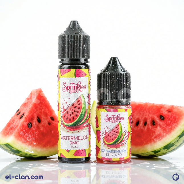 Sprinkles E-juice Watermelon flavored vape liquid in a transparent bottle, featuring colorful watermelon design and branding.