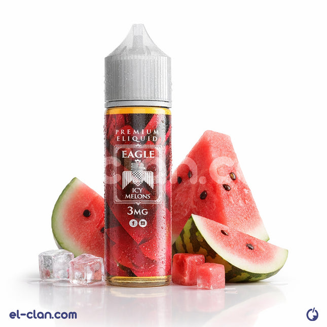 Eagle Icy Melons كنتالوب ساقع in a clear vape juice bottle with colorful label, showcasing the flavor and branding.