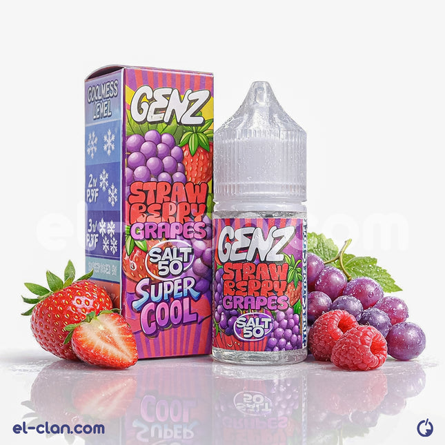 GENZ E-Juice Strawberry Grape SaltNic vape liquid in a clear bottle with colorful label, showcasing the flavor and branding.
