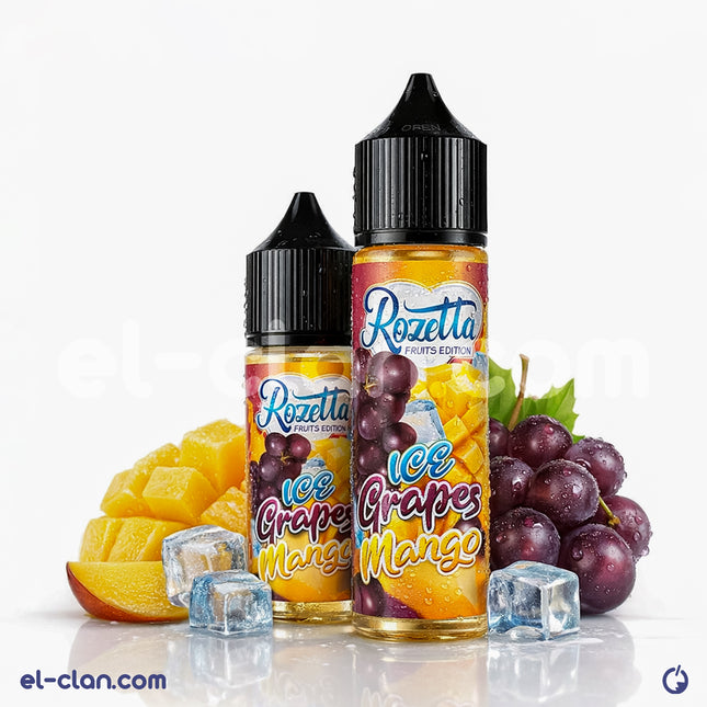 Rozetta E-Juice Rozetta Ice Grapes Mango vape liquid bottle with colorful label, showcasing flavor and brand details.