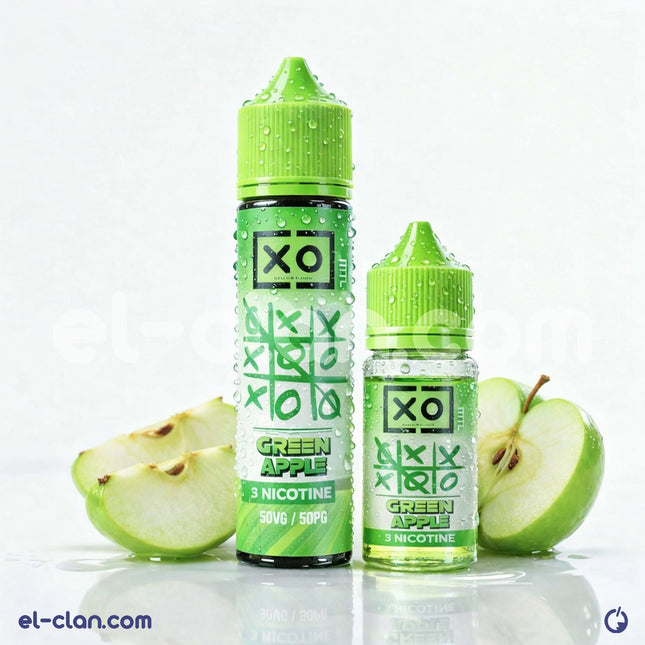 سائل فيب ليكويد XO Ice Green Apple بنكهة التفاح الأخضر المثلج، زجاجة واضحة مع مكونات طبيعية.