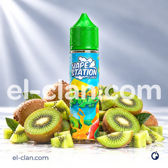 فيب كيوي من Vape Station E-Juice، عبوة ليكويد محلي بنكهة فص كيوي واضحة مع عبوة زجاجية.