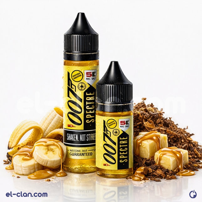 OO7 E-Juice 007 Specter creamy tobacco and banana flavored vape liquid in a 4ml bottle.