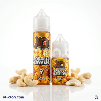 XO Tobacco Cashew فيب ليكويد محلي e-liquid, featuring tobacco and cashew flavor, in a clear bottle with a dropper cap.