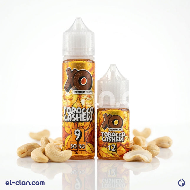 XO Tobacco Cashew فيب ليكويد محلي e-liquid, featuring tobacco and cashew flavor, in a clear bottle with a dropper cap.