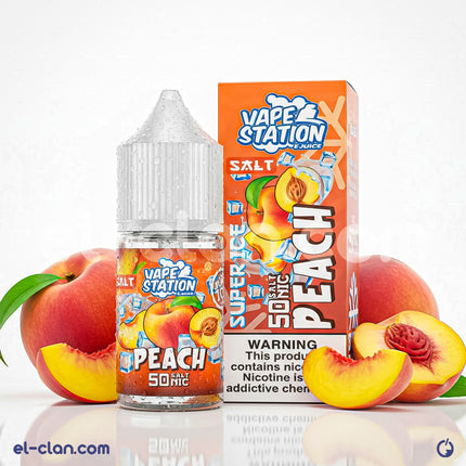سلسلة فيب ليكويد من Vape Station، نكهة خوخ ساقع سوبر آيس ملح نيكوتين، زجاجة صغيرة وواضحة في الصورة.