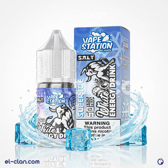 سائل فيب ليكويد من Vape Station Super Ice بنكهة شراب الطاقة الأبيض، مشروب طاقة ساقع، عبوة واضحة من السائل الأبيض