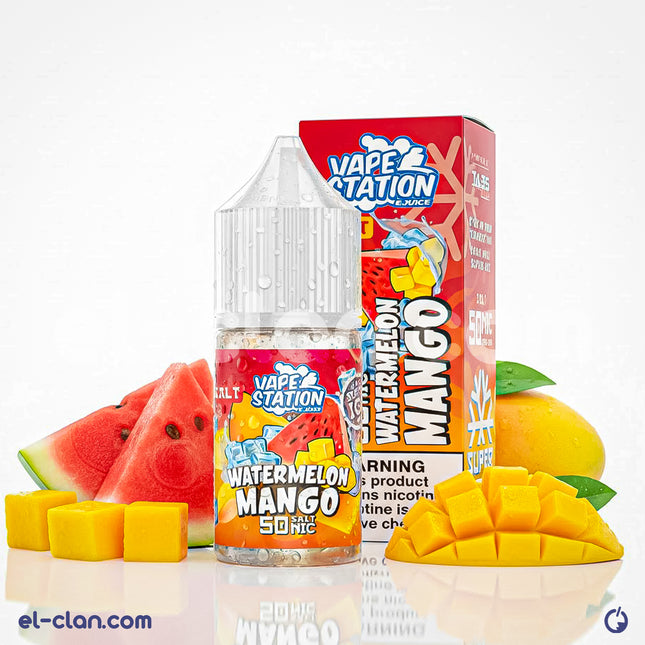 سائل فيب نيكوتين بنكهة بطيخ مانجو ساقع من Vape Station E-Juice، زجاجة ليكويد محلي لفيب نيكوتين.