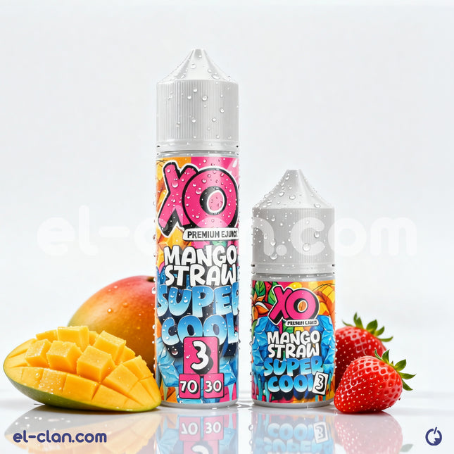 XO E-Liquid Super Cool Mango Strawberry vape liquid in a colorful bottle with mango and strawberry imagery.