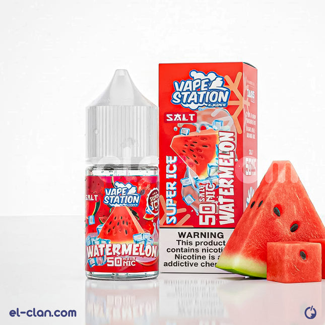 زجاجة فيب ليكويد Vape Station Super Ice SaltNic بنكهة بطيخ ساقع، مياه مثلجة ومنعشة، لمحبي التدخين الإلكتروني