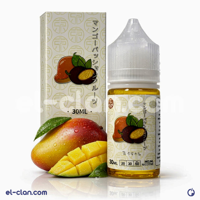 Tokyo SaltNic Iced Mango Passion Fruit vape liquid in a bottle with colorful label, showcasing mango and passion fruit flavors.