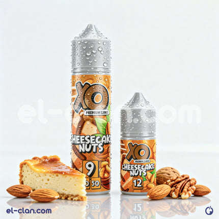 نفس الصورة تظهر علبة فيب ليكويد محلي بنكهة تشيز كيك مكسرات من XO E-Liquid، مع عبوة زجاجية وملصق ملون.