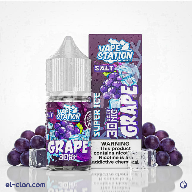 زجاجة فيب ليكويد Vape Station Super Ice SaltNic نكهة عنب ساقع، عبوة أنيقة وملونة تظهر على صورة 57.jpg