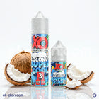 XO E-Liquid Super Cool Energy Coconut flavored vape juice in a 58ml bottle, with vibrant packaging and tropical coconut imagery.