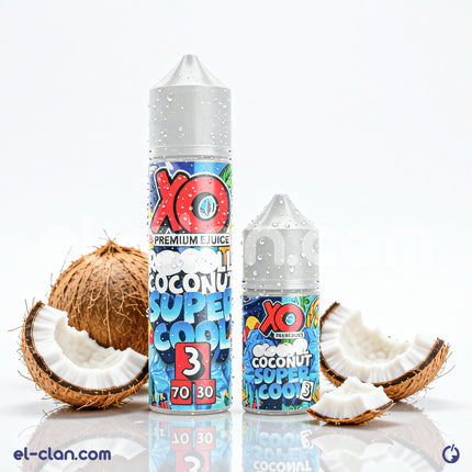 XO E-Liquid Super Cool Energy Coconut flavored vape juice in a 58ml bottle, with vibrant packaging and tropical coconut imagery.