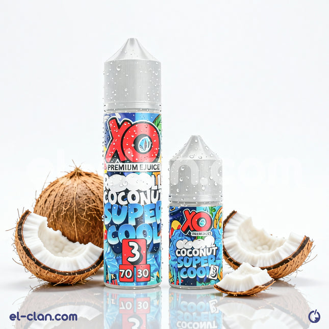 XO E-Liquid Super Cool Energy Coconut flavored vape juice in a 58ml bottle, with vibrant packaging and tropical coconut imagery.