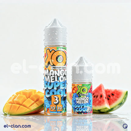 XO E-Liquid Mango Melon فيب ليكويد محلي, يظهر زجاجة نكهة مانجو وبطيخ باردة ومميزة.