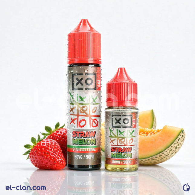 قنينة ليكويد فيب XO Ice Straw Melon فراولة وبطيخ بسائل نكهات باردة من XO E-Liquid على خلفية شفافة