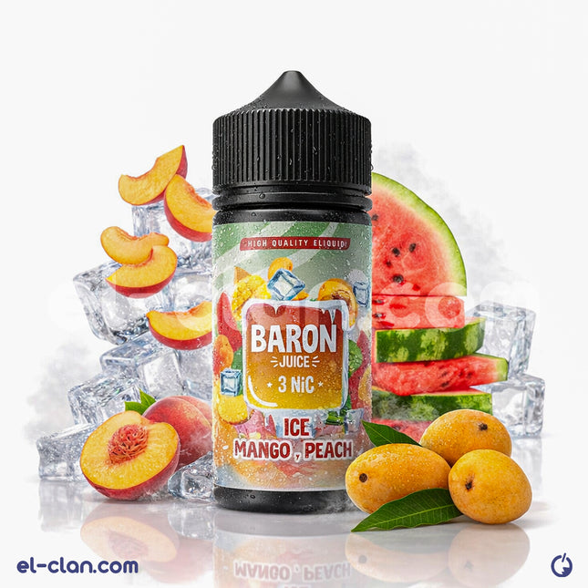 سائل فيب نيكوتين برون بطيخ مانجو خوخ بارد من ماركة Baron E-juice، زجاجة سائلة محلية بطعم فاكهة منعش