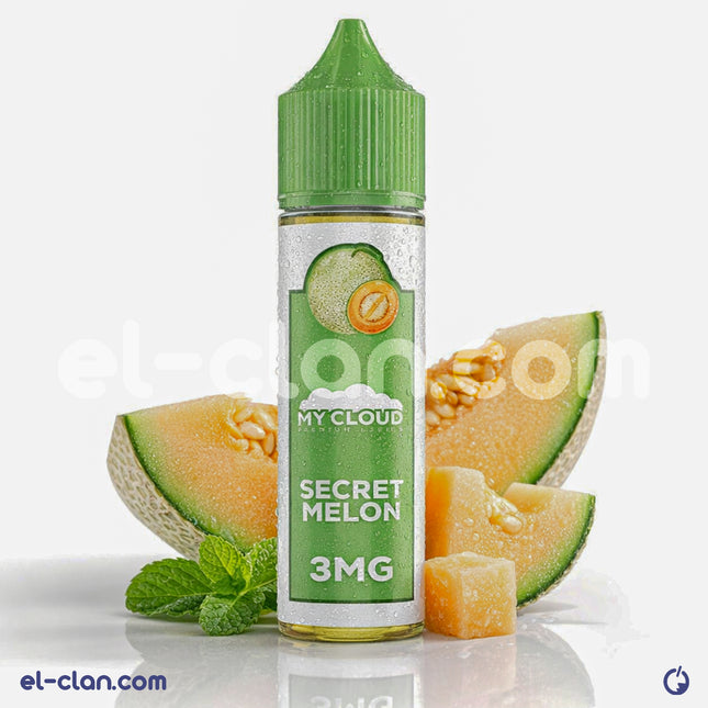 زجاجة فيب نكهة كنتالوب من ماي كلاود إي-جوس، ليكويد محلي بطعم شمام حلو ومنعش، مع عبوة واضحة.