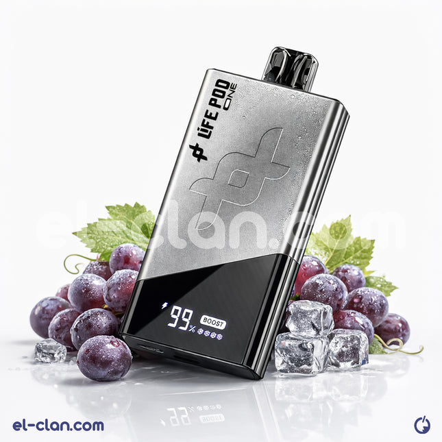 عصا فيب ديبوسبل من لايف بود بطعم عنب ساقع، معبأة بشكل أنيق، تظهر في الصورة.