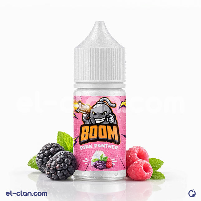 Boom Pink Panther فيب ليكويد محلي with pink and purple packaging, featuring a colorful design and flavor branding.