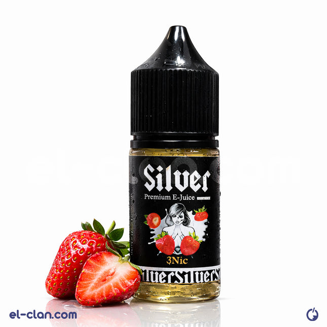 Silver E-Liquid Silver Mother Milk فيب ليكويد محلي بنكهة فراولة باللبن, showcasing the colorful bottle with fruit and milk images.
