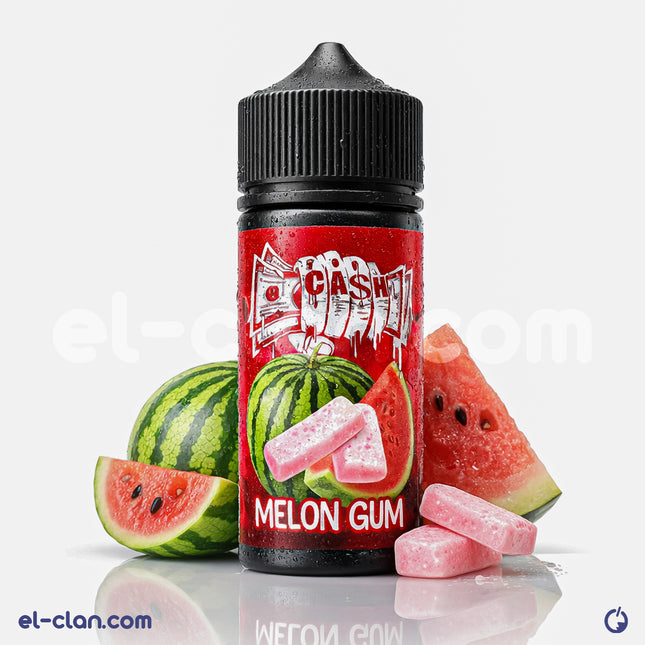 For Ca$h Ice Watermelon Gum vapor in a clear vape tank, showcasing pink watermelon flavor and vapor clouds.