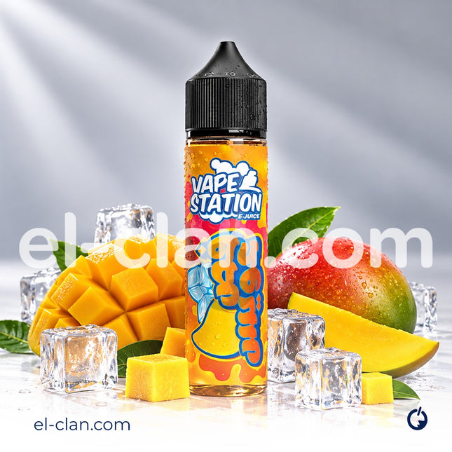 زجاجة فيب ستيشن أورجينال مانجو من Vape Station ليكويد محلي، عبوة واضحة مع شعار العلامة التجارية على القنينة