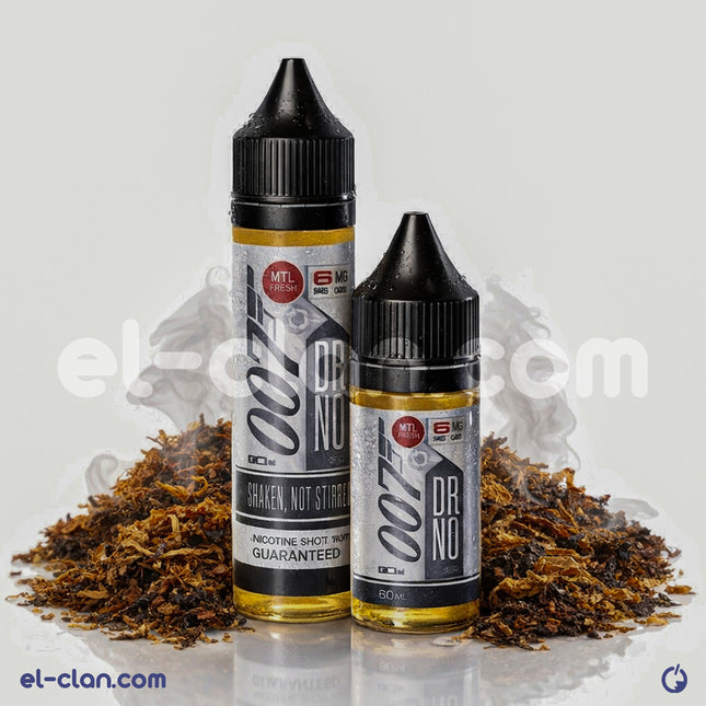 OO7 E-Juice 007 Dr.No ميكس تبغ فيب ليكويد محلي, close-up of flavored vape liquid in a clear bottle.