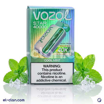 تبغ فيب Vozol Star 40K بنكهة النعناع الساقع، عبوة ديسبوسبل مريحة وسهلة الاستخدام، تظهر في الصورة.