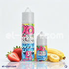 XO E-Liquid in a banana and strawberry flavored vape, featuring a super cool straw and banana flavor, in a local liquid vape bottle.