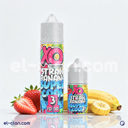 XO E-Liquid in a banana and strawberry flavored vape, featuring a super cool straw and banana flavor, in a local liquid vape bottle.
